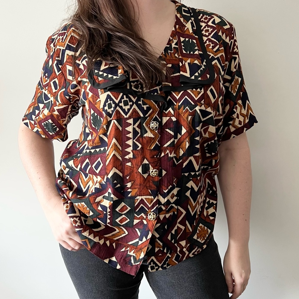 Vintage Geometric Button Up Collared Blouse Top Shirt k